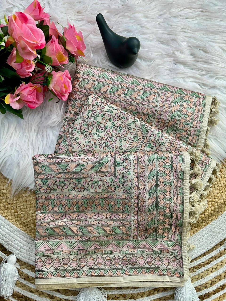 Prodigal Beige Embroidery Work Tussar Silk Saree With Blooming Blouse Piece