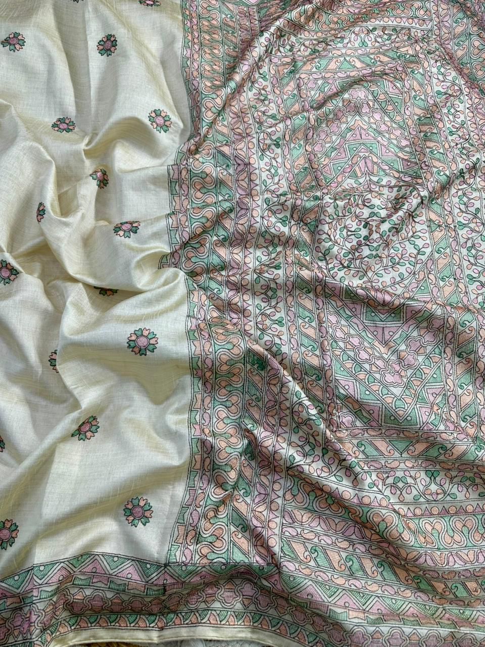 Prodigal Beige Embroidery Work Tussar Silk Saree With Blooming Blouse Piece