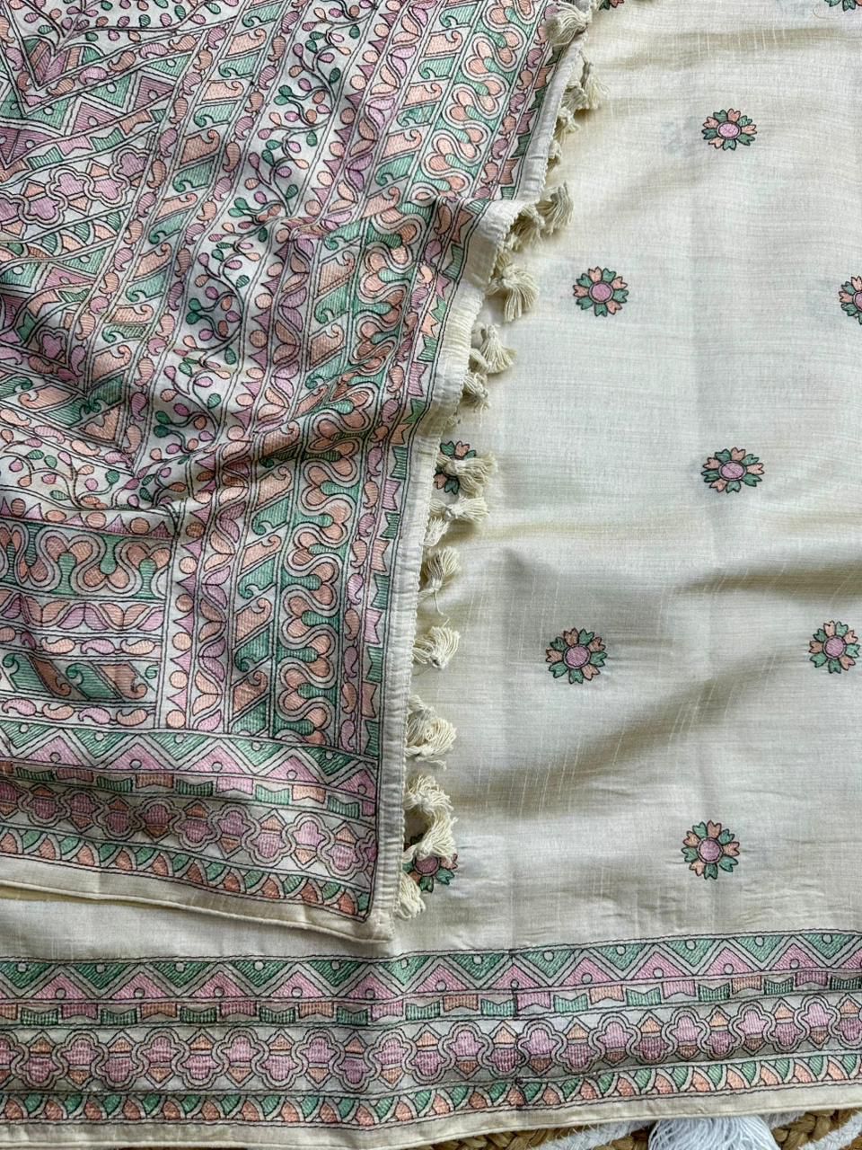 Prodigal Beige Embroidery Work Tussar Silk Saree With Blooming Blouse Piece