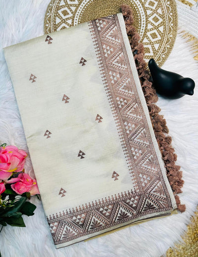 Lovely Off White Embroidery Work Tussar Silk Saree With Demanding Blouse Piece