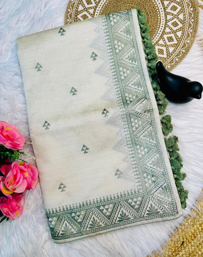 Stunner Off White Embroidery Work Tussar Silk Saree With Elision Blouse Piece