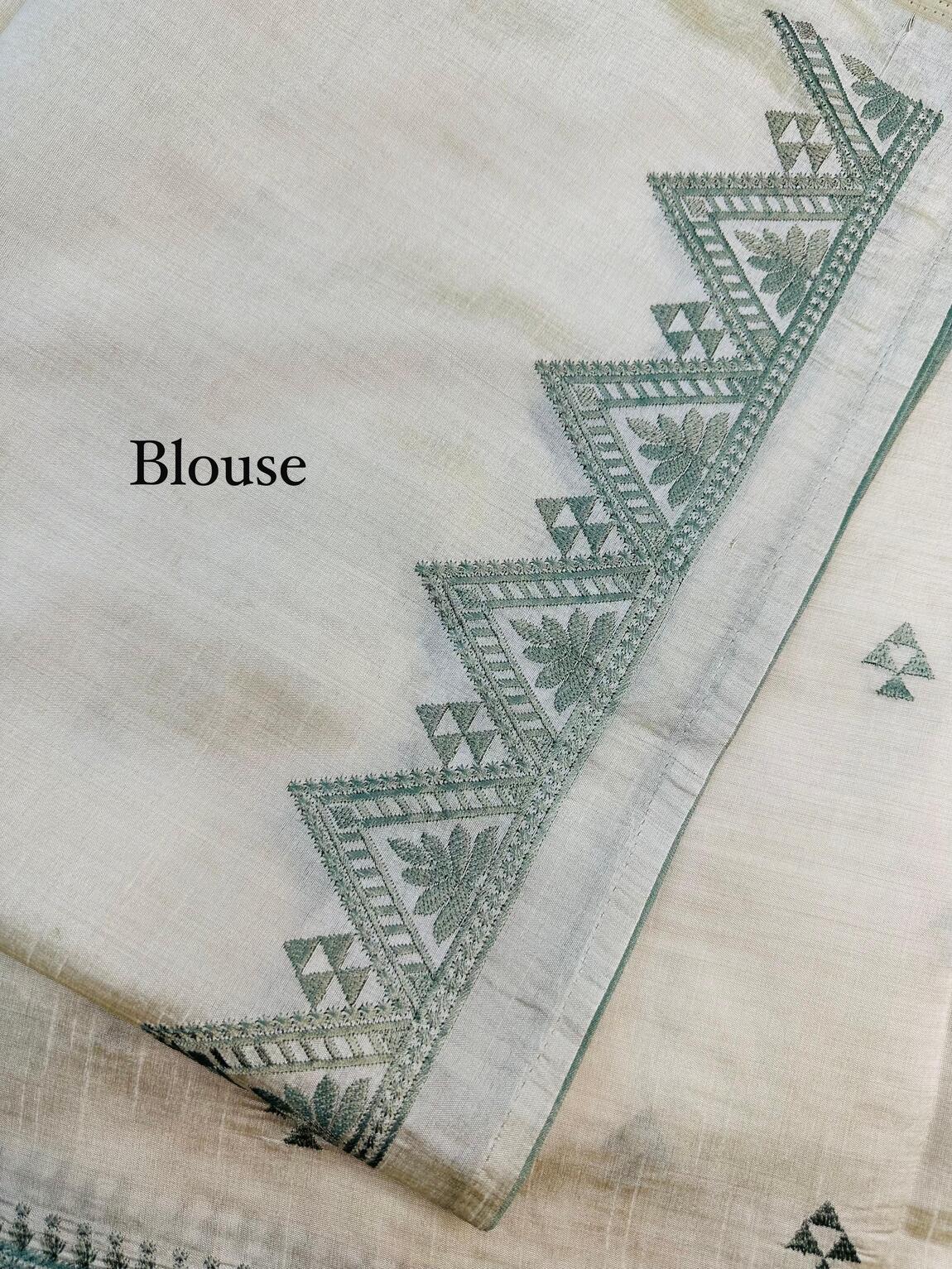 Stunner Off White Embroidery Work Tussar Silk Saree With Elision Blouse Piece