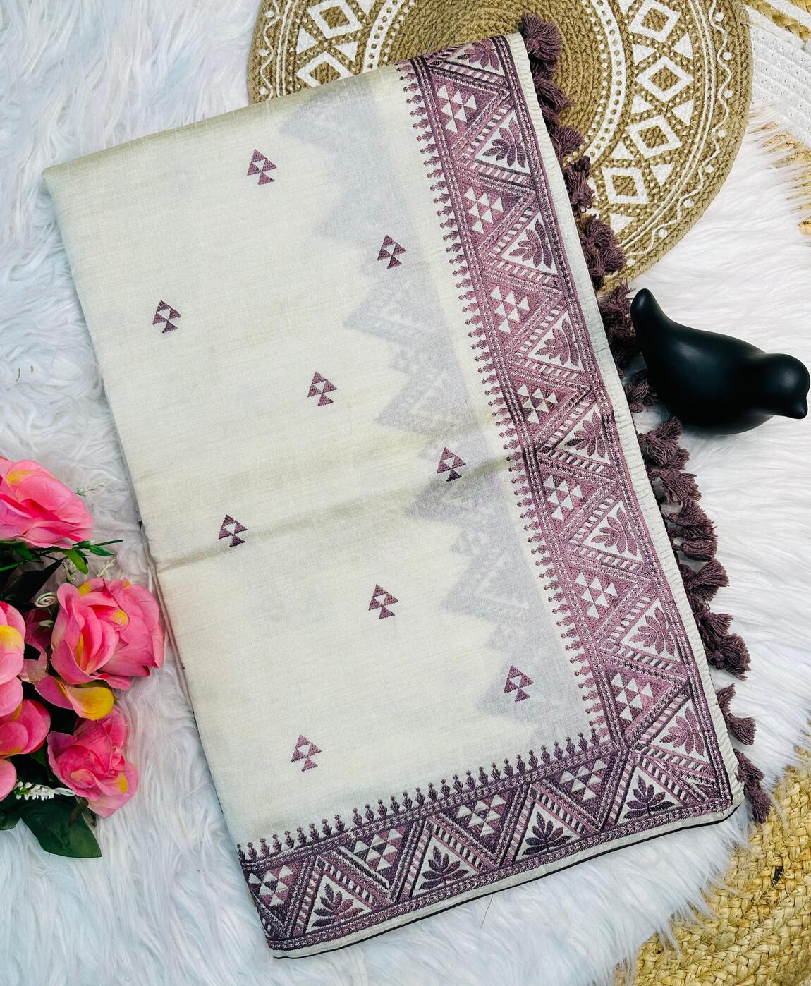 Desultory Off White Embroidery Work Tussar Silk Saree With Vibrant Blouse Piece