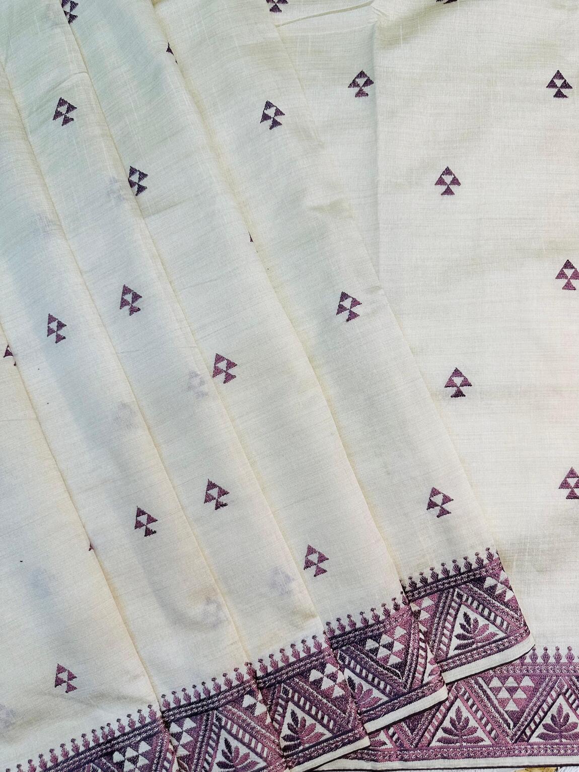 Desultory Off White Embroidery Work Tussar Silk Saree With Vibrant Blouse Piece