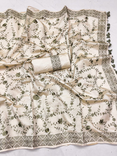Epiphany Beige Embroidery Work Tussar Silk Saree With Fairytale Blouse Piece