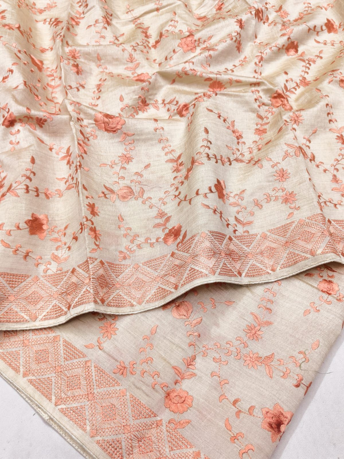 Enthralling Beige Embroidery Work Tussar Silk Saree With Proficient Blouse Piece