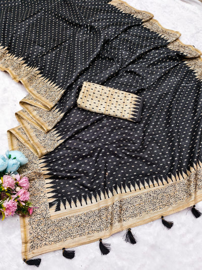 Classy Black Embroidery Work Tussar Silk Saree With Brood Blouse Piece