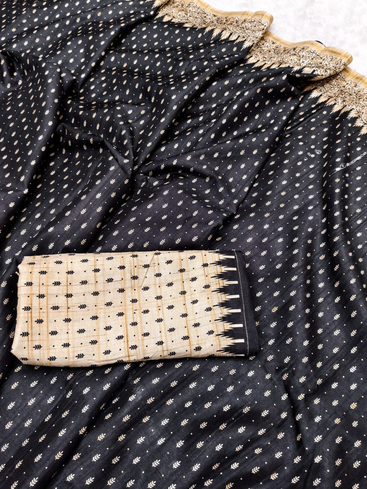 Classy Black Embroidery Work Tussar Silk Saree With Brood Blouse Piece