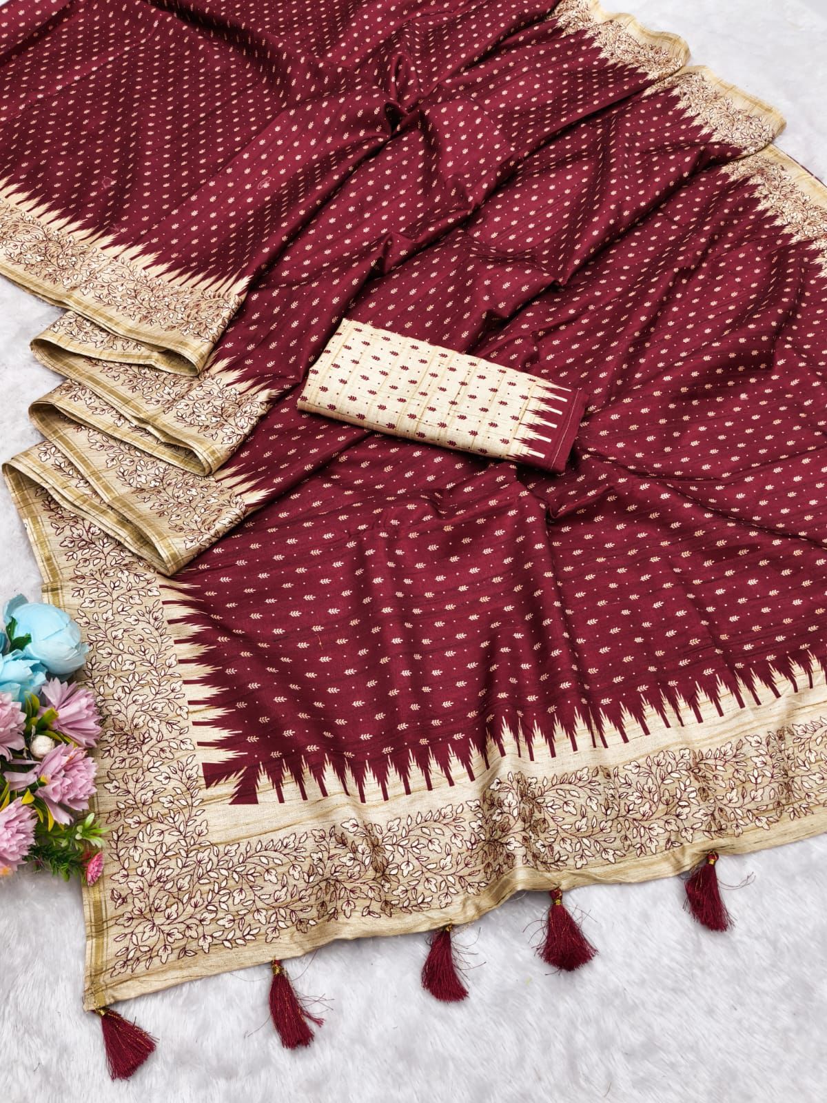 Amiable Maroon Embroidery Work Tussar Silk Saree With Engaging Blouse Piece
