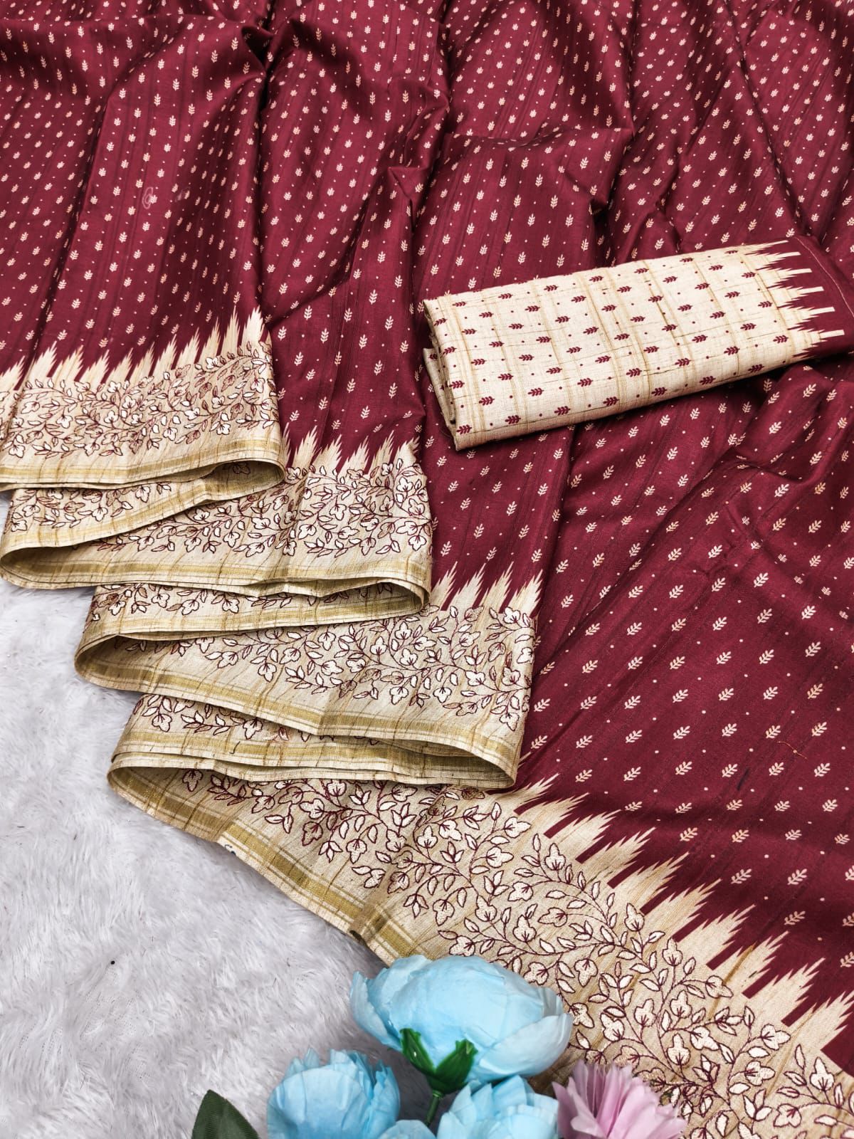 Amiable Maroon Embroidery Work Tussar Silk Saree With Engaging Blouse Piece