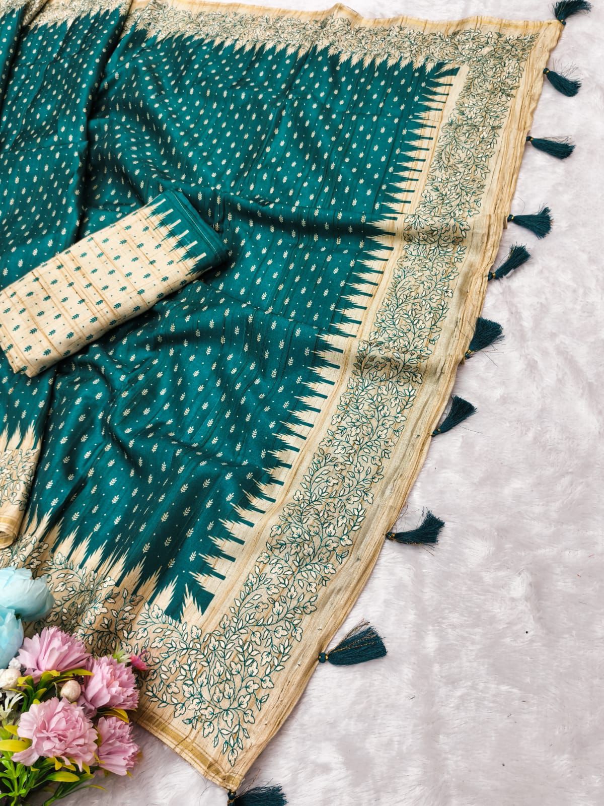 Sizzling Rama Embroidery Work Tussar Silk Saree With Prettiest Blouse Piece