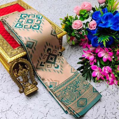 Symmetrical Peach Soft Banarasi Silk Saree With Glamorous Blouse Piece