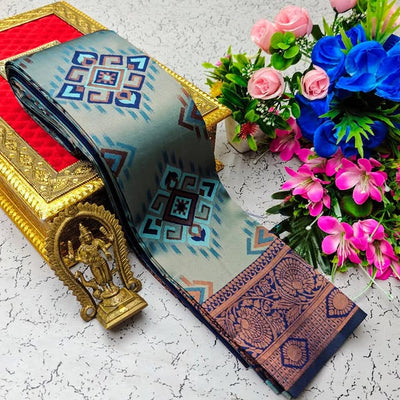 Splendiferous Sky Soft Banarasi Silk Saree With Whimsical Blouse Piece