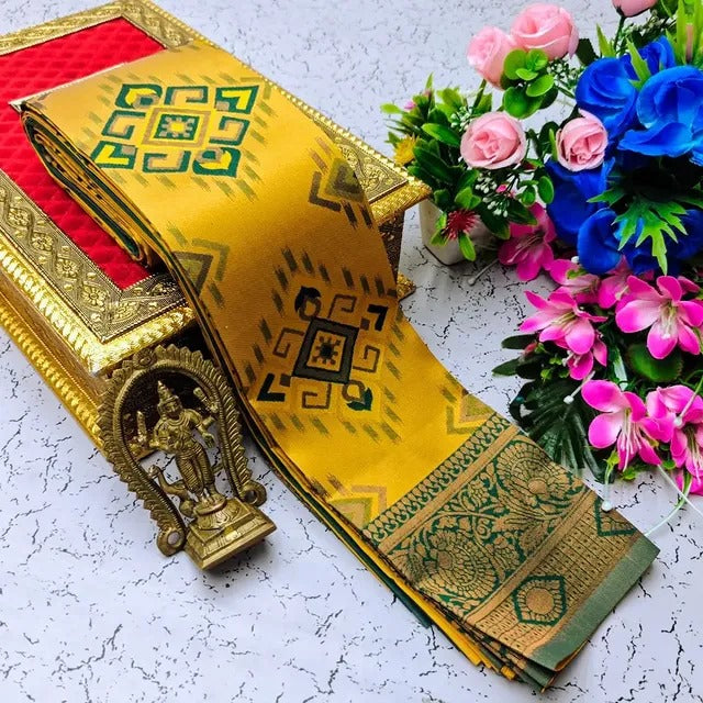 Redolent Yellow Soft Banarasi Silk Saree With Staring Blouse Piece