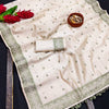 Mesmeric Off White Embroidery Work Tussar Silk Saree With Moiety Blouse Piece