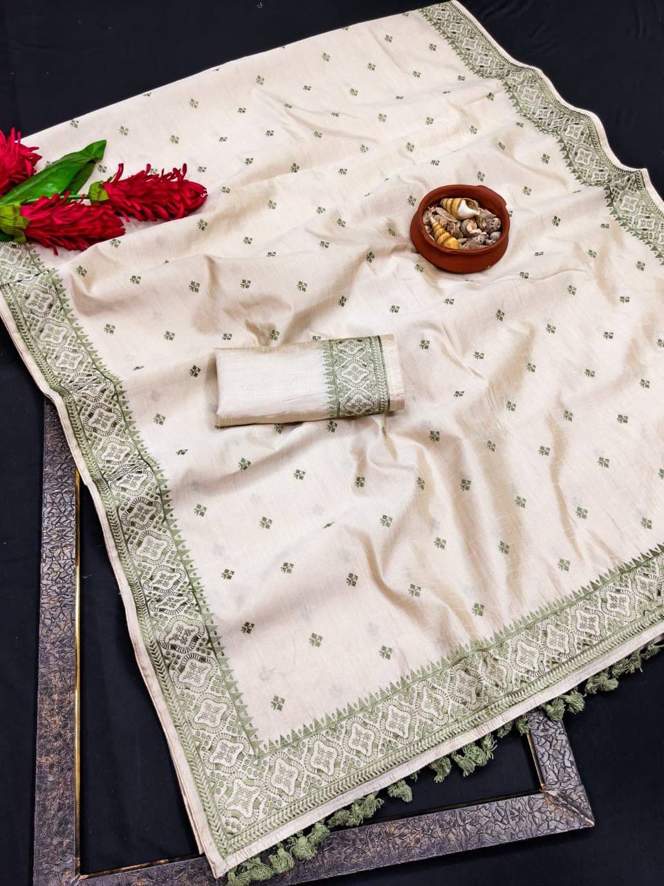 Mesmeric Off White Embroidery Work Tussar Silk Saree With Moiety Blouse Piece