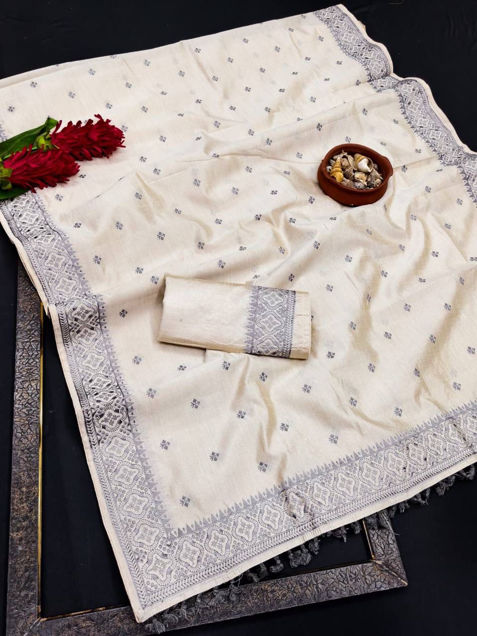 Demanding Off White Embroidery Work Tussar Silk Saree With Rhapsody Blouse Piece
