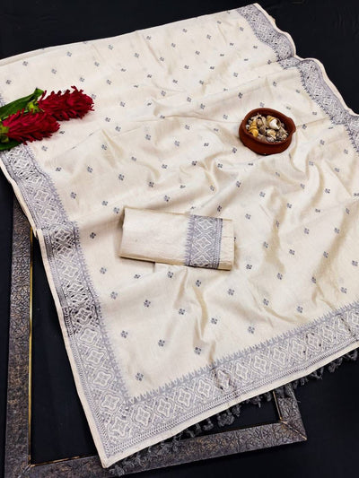 Demanding Off White Embroidery Work Tussar Silk Saree With Rhapsody Blouse Piece