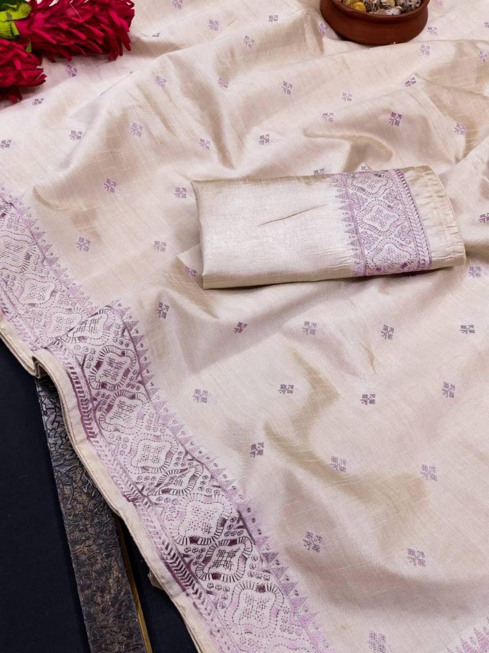 Incredible Off White Embroidery Work Tussar Silk Saree With Traditional Blouse Piece