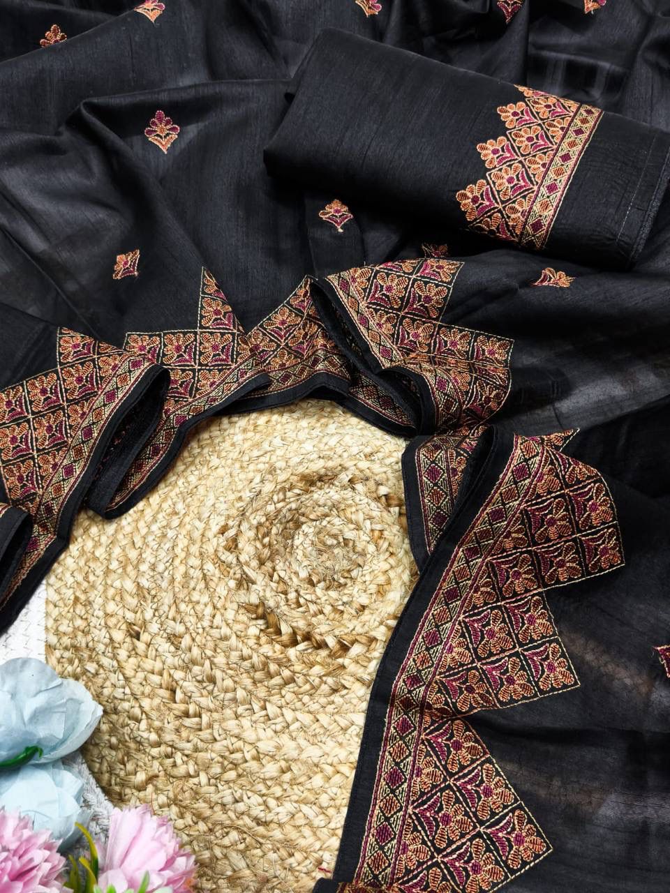 Elegant Black Embroidery Work Tussar Silk Saree With Gorgeous Blouse Piece