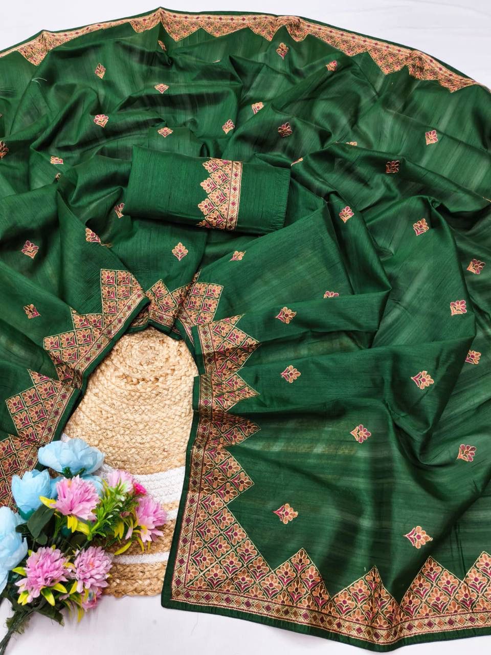 Adorable Dark Green Embroidery Work Tussar Silk Saree With Glittering Blouse Piece