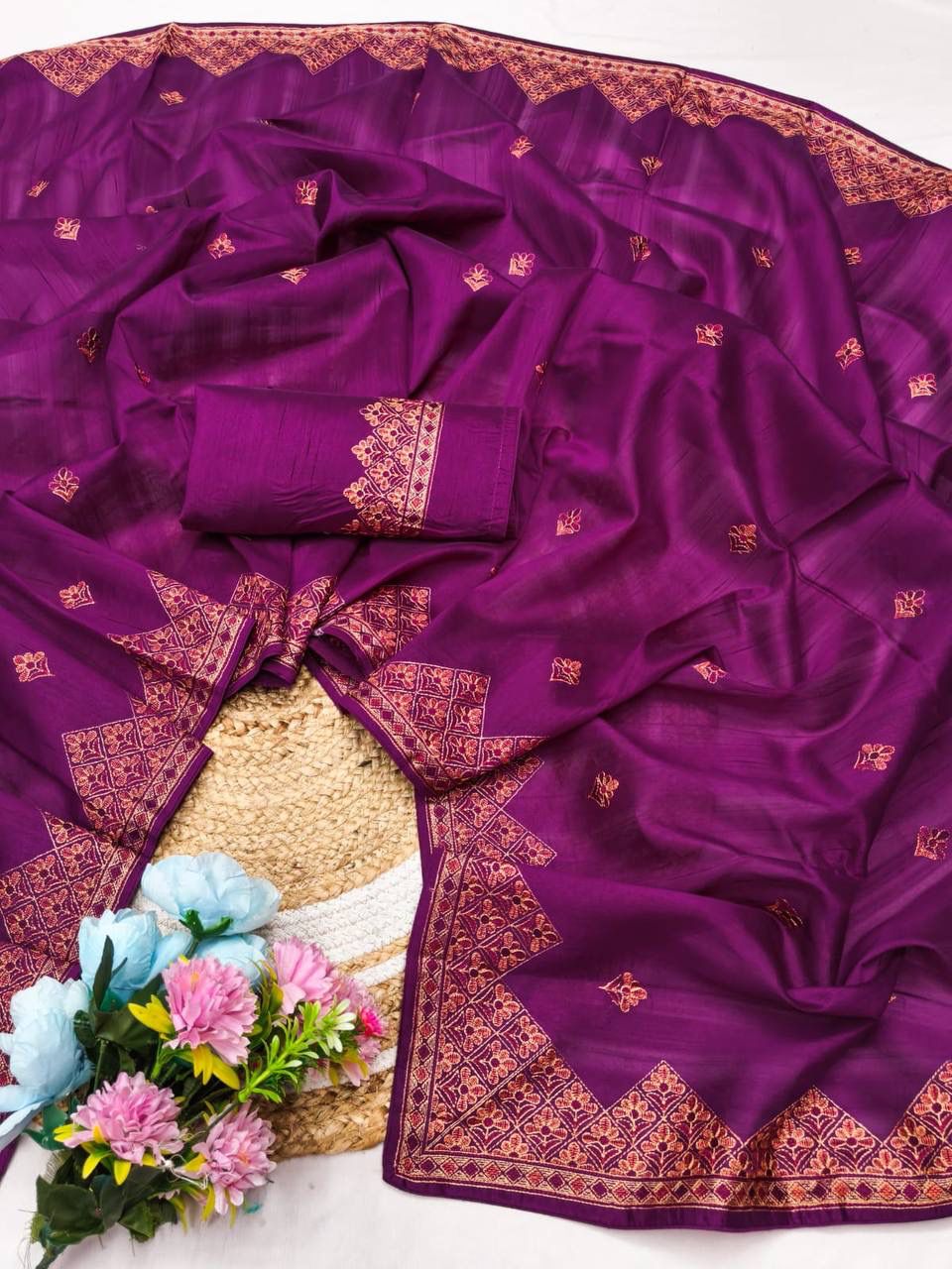 Prettiest Purple Embroidery Work Tussar Silk Saree With Lovely Blouse Piece