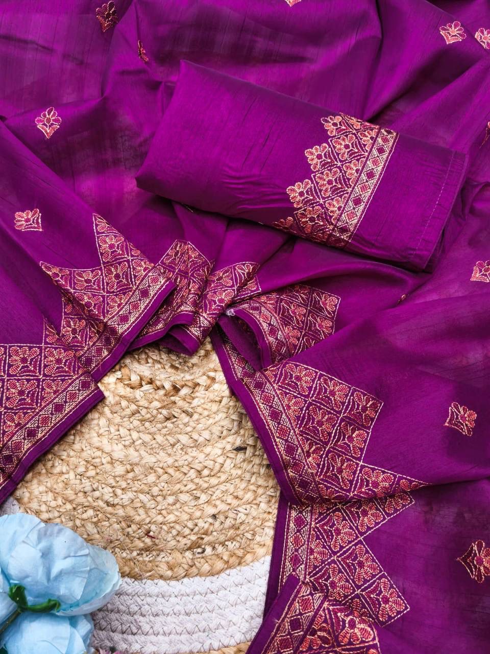 Prettiest Purple Embroidery Work Tussar Silk Saree With Lovely Blouse Piece
