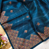 Luminous Teal Blue Embroidery Work Tussar Silk Saree With Stunner Blouse Piece