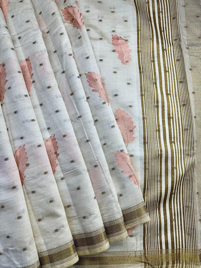 Murmurous Off White Embroidery Work Tussar Silk Saree With Enthralling Blouse Piece