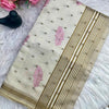 Resplendent Off White Embroidery Work Tussar Silk Saree With Alluring Blouse Piece