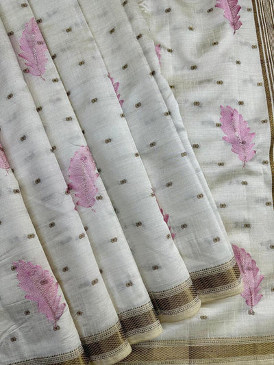 Resplendent Off White Embroidery Work Tussar Silk Saree With Alluring Blouse Piece