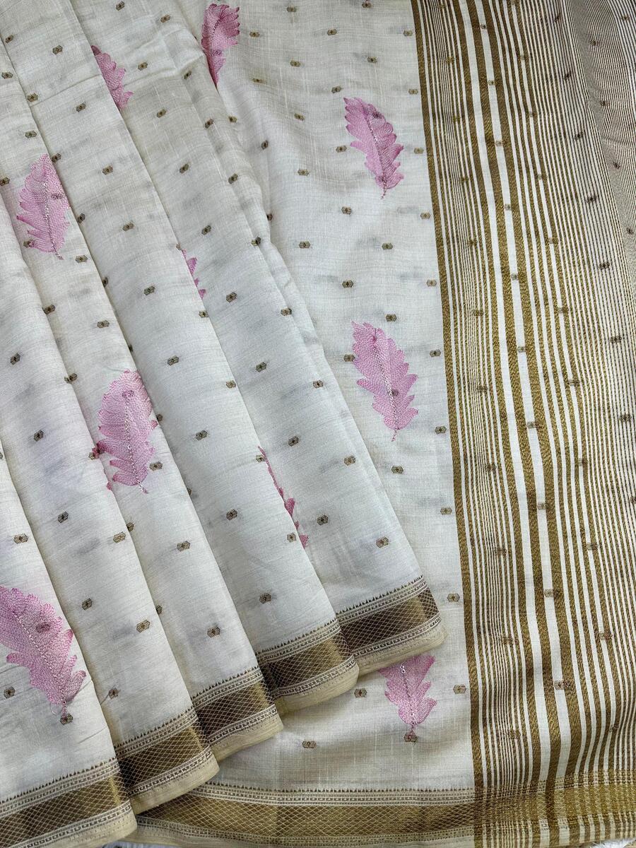 Resplendent Off White Embroidery Work Tussar Silk Saree With Alluring Blouse Piece