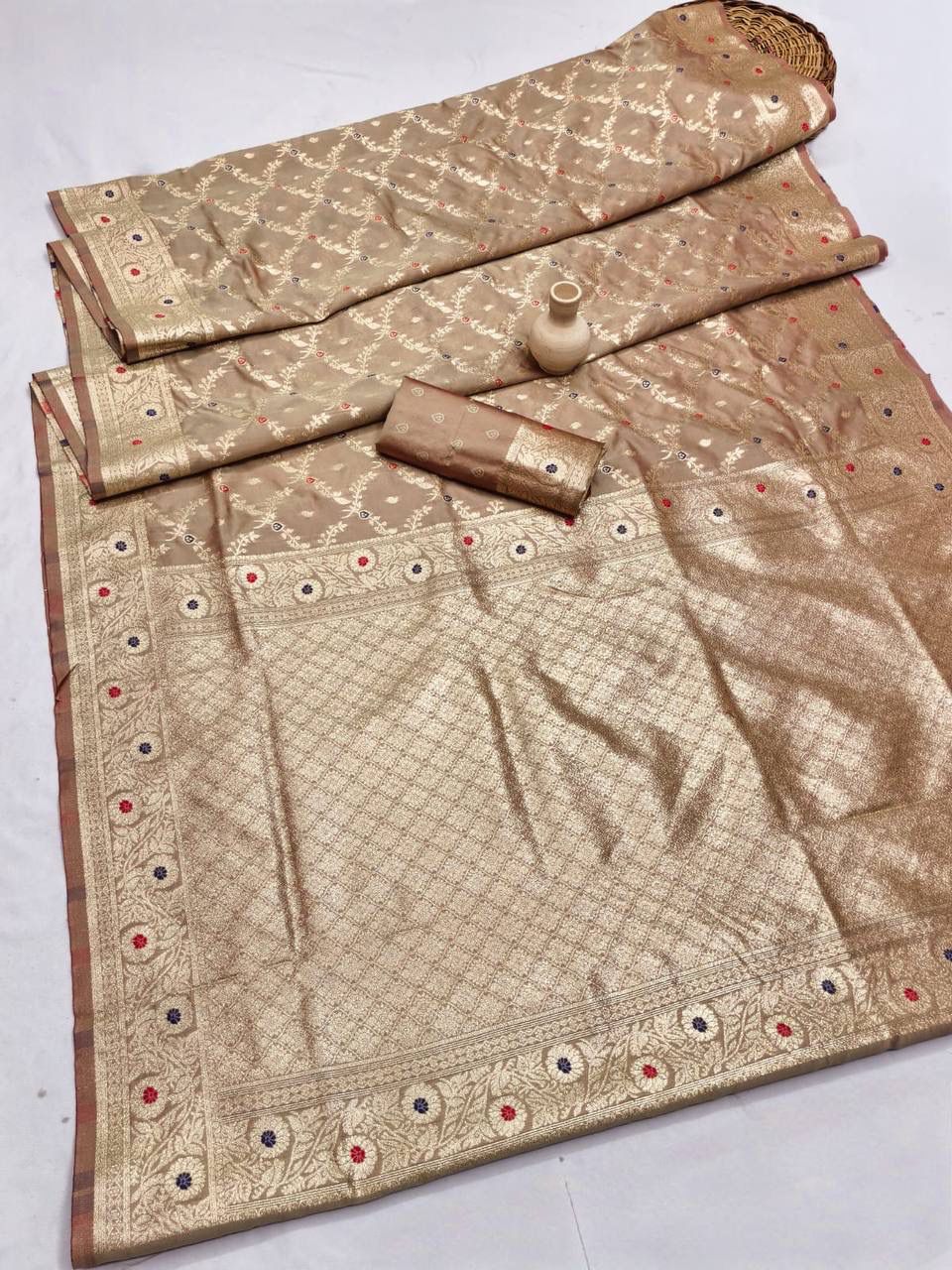 Most Stunning Beige Soft Banarasi Silk Saree With Beautiful Blouse Piece