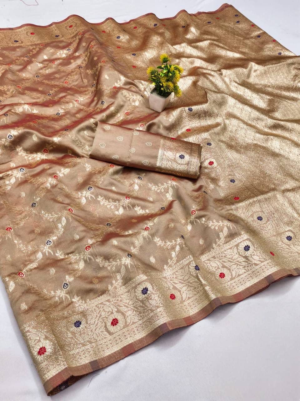 Most Stunning Beige Soft Banarasi Silk Saree With Beautiful Blouse Piece