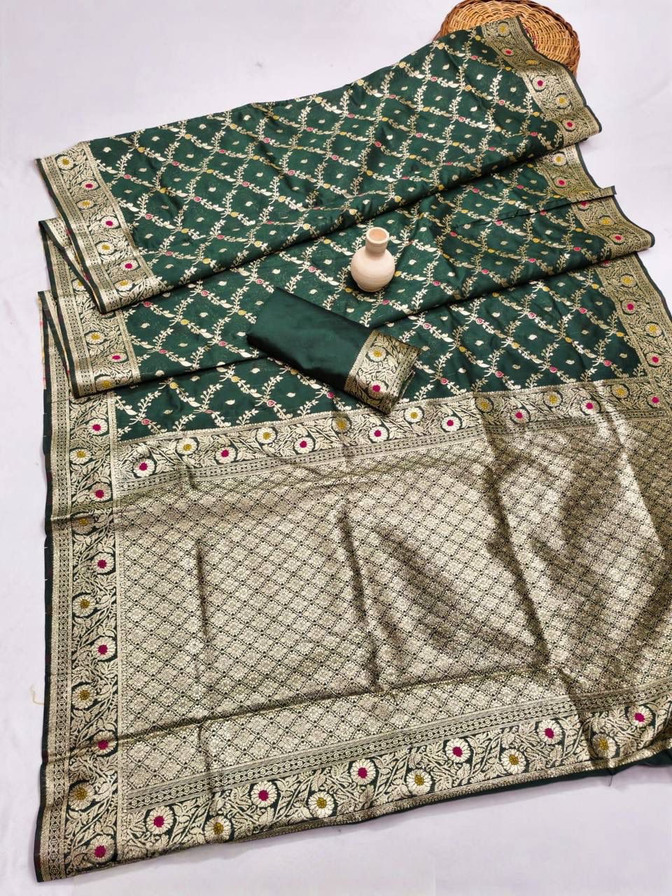 Winsome Dark Green Soft Banarasi Silk Saree With Twirling Blouse Piece