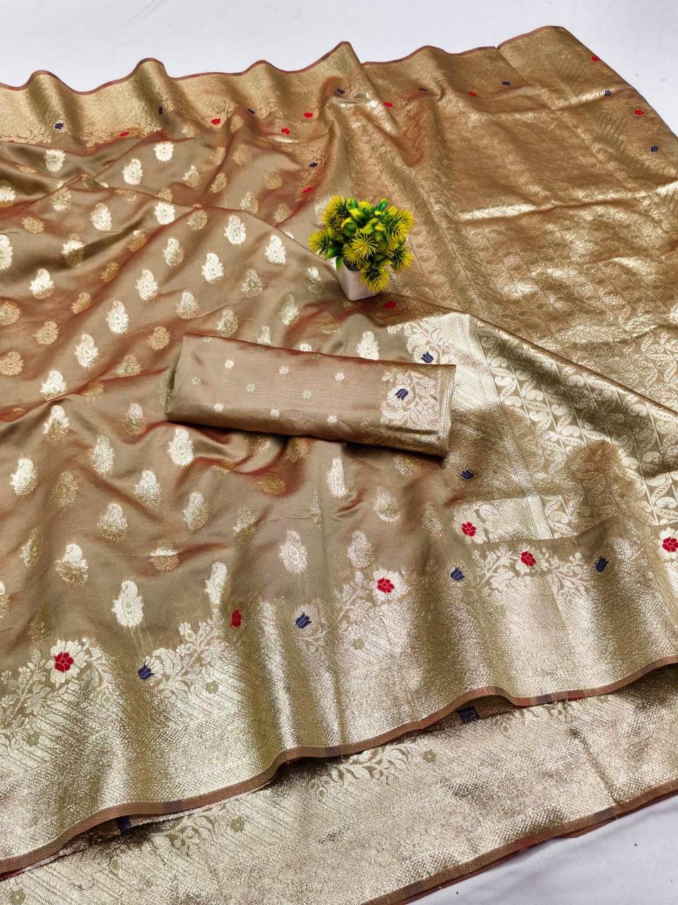 Sophisticated Beige Soft Banarasi Silk Saree With Super extravagant Blouse Piece