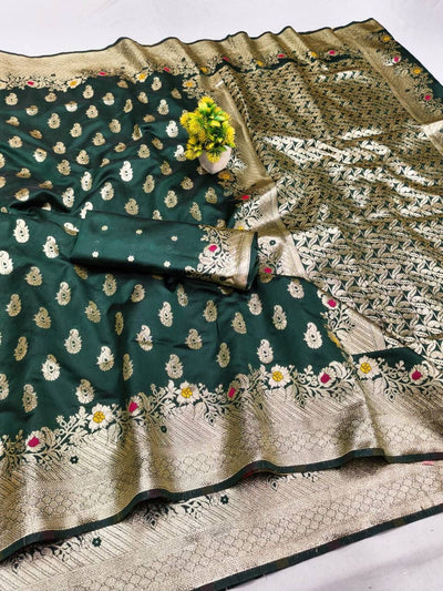 Redolent Dark Green Soft Banarasi Silk Saree With Majestic Blouse Piece