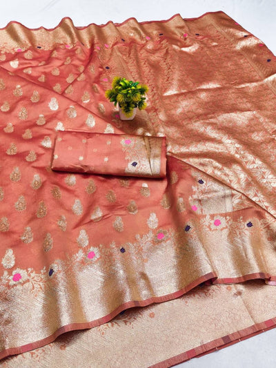Snazzy Peach Soft Banarasi Silk Saree With Arresting Blouse Piece