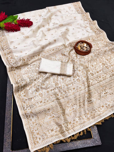 Ethnic Off White Embroidery Work Tussar Silk Saree With Pleasant Blouse Piece