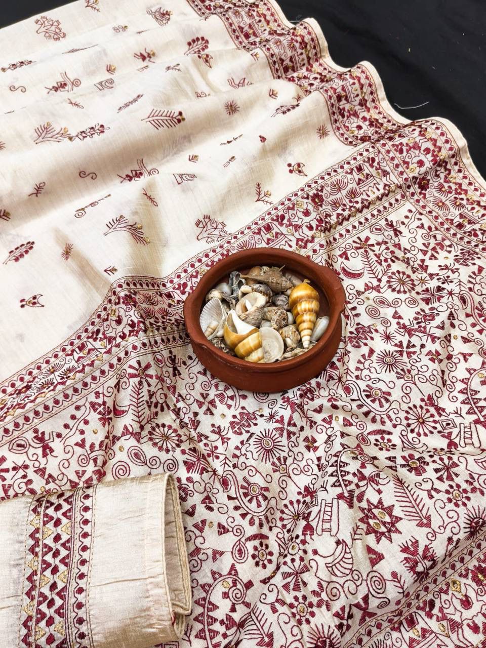 Forbearance Off White Embroidery Work Tussar Silk Saree With Dalliance Blouse Piece