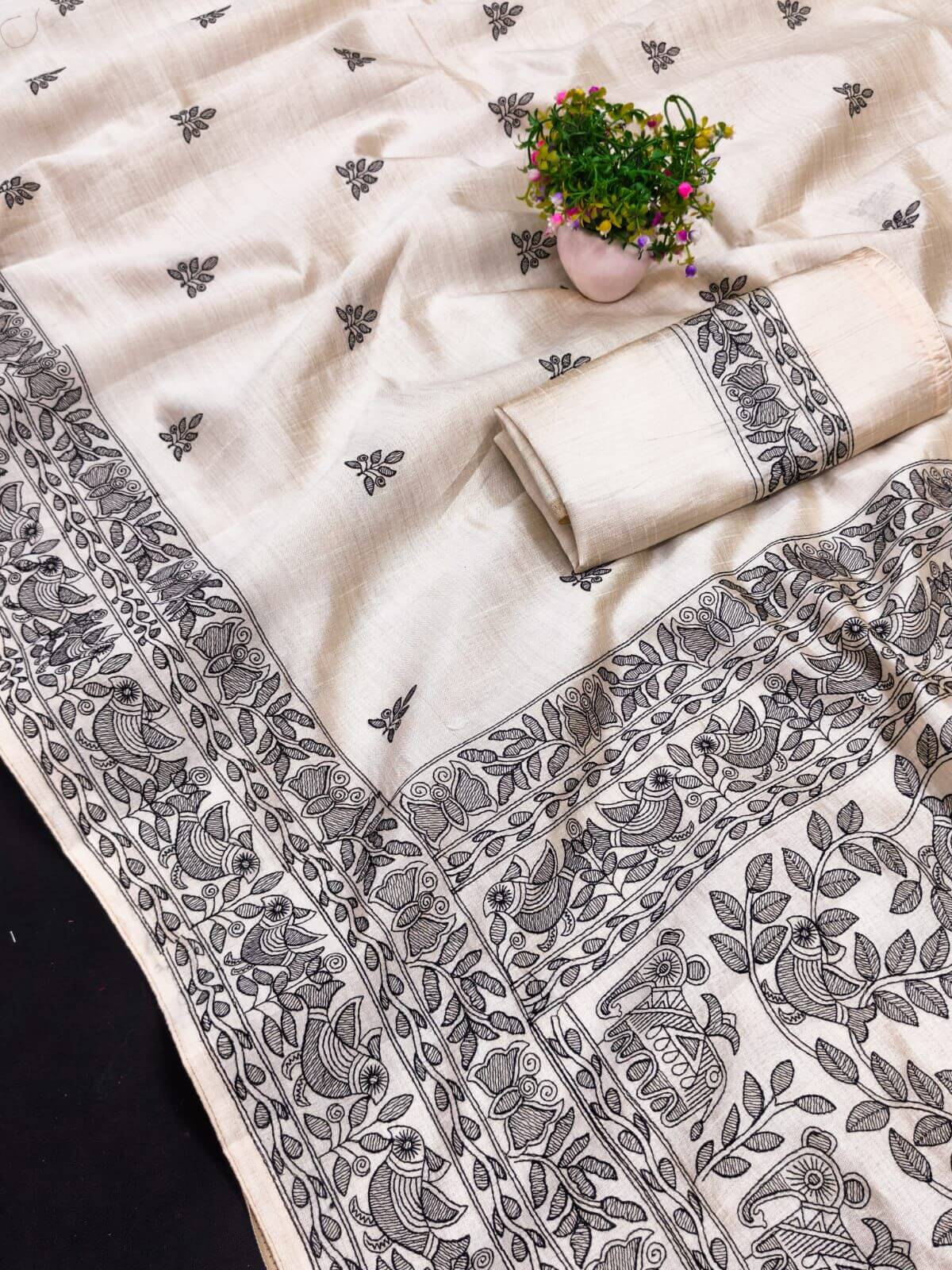 Jazzy Off White Embroidery Work Tussar Silk Saree With Sempiternal Blouse Piece