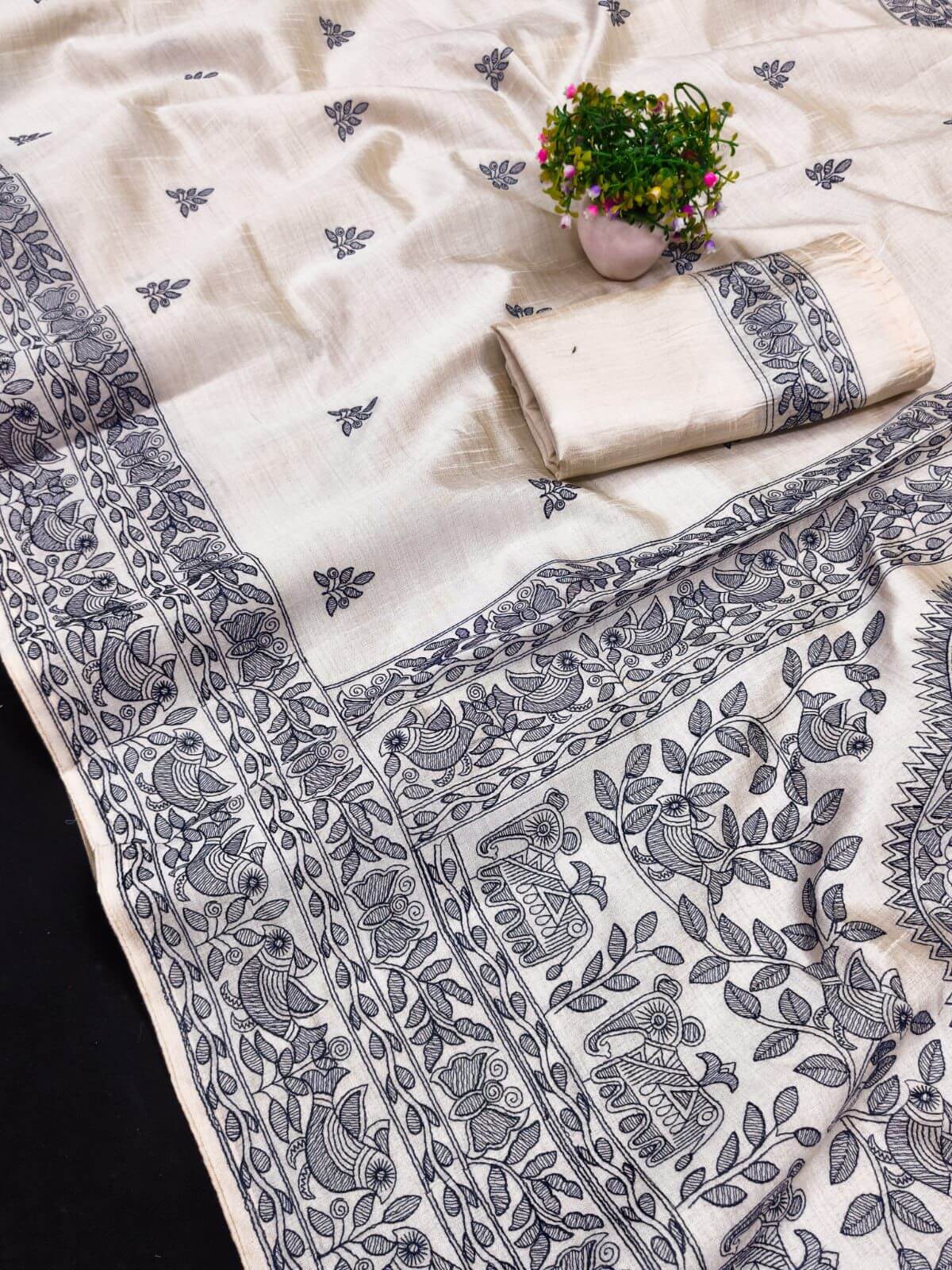 Allure Off White Embroidery Work Tussar Silk Saree With Dissemble Blouse Piece