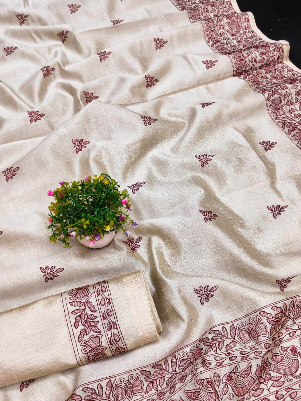 Serendipity Off White Embroidery Work Tussar Silk Saree With Desuetude Blouse Piece