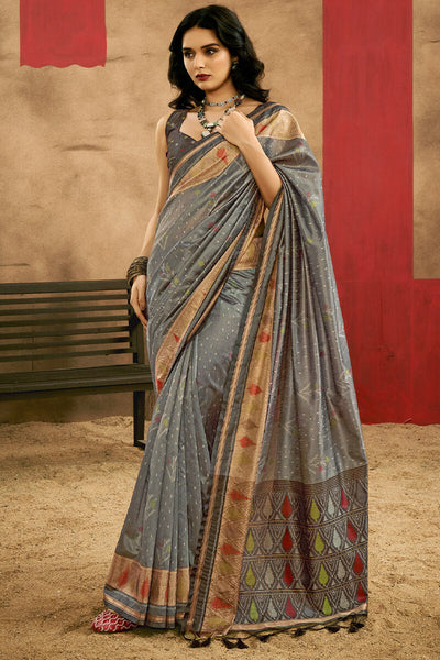 Flameboyant Grey Soft Banarasi Silk Saree With Diaphanous Blouse Piece