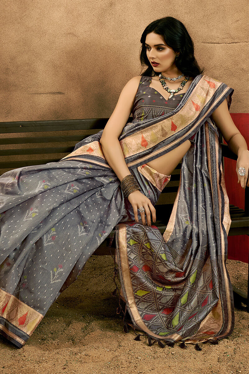 Flameboyant Grey Soft Banarasi Silk Saree With Diaphanous Blouse Piece
