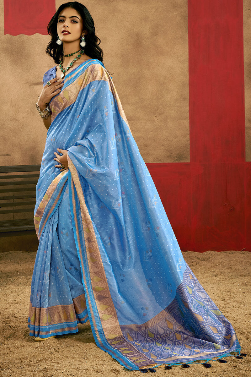Pleasurable Firozi Soft Banarasi Silk Saree With Dazzling Blouse Piece