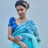 Aqua Blue Net Saree with Blue Floral Embroidery & Scalloped Border