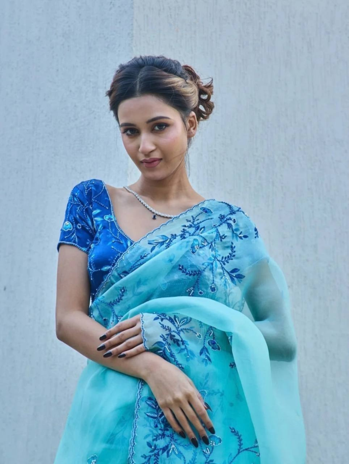 Aqua Blue Net Saree with Blue Floral Embroidery & Scalloped Border