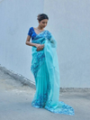 Aqua Blue Net Saree with Blue Floral Embroidery & Scalloped Border