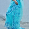 Aqua Blue Net Saree with Blue Floral Embroidery & Scalloped Border